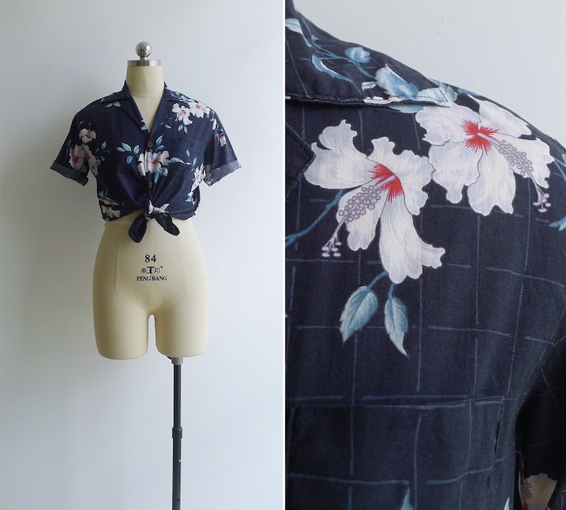 Vintage 80/'s Does 50/'s Hawaiian Hibiscus Navy Grid Shirt XS S M
