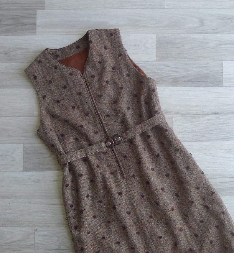 SALE Vintage '70s Brown Polka Dot Wool Tweed Jumper Dress L image 6