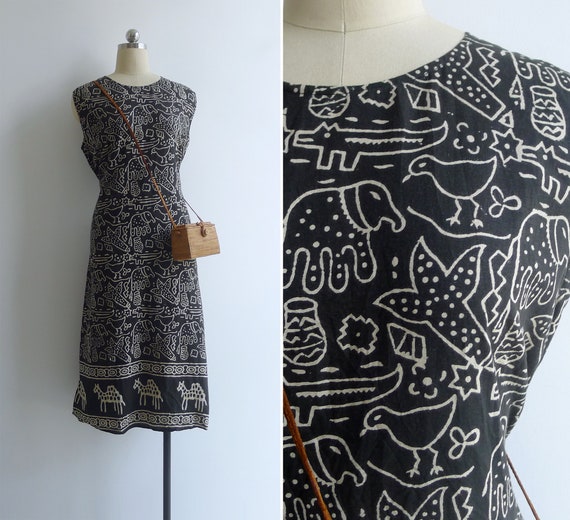 Vintage 80's Safari 'Hieroglyphs' Black Cotton Gau