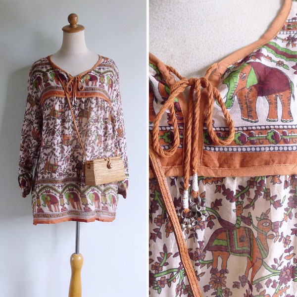 Vintage Indian Elephant Wood Block Print Cotton Blouse S M or L