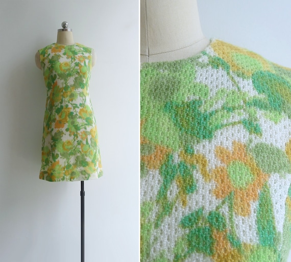 Vintage 70's Kitschy Mod Floral Knit Pencil Shift