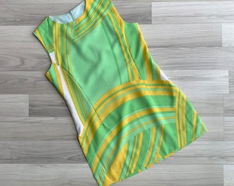 Vintage 70er Jahre Mod Tunika Top in Limettengrün und Gelb, Größen XS-S, Retro-Groovy-Streifenmuster mit abstraktem Wirbelmuster