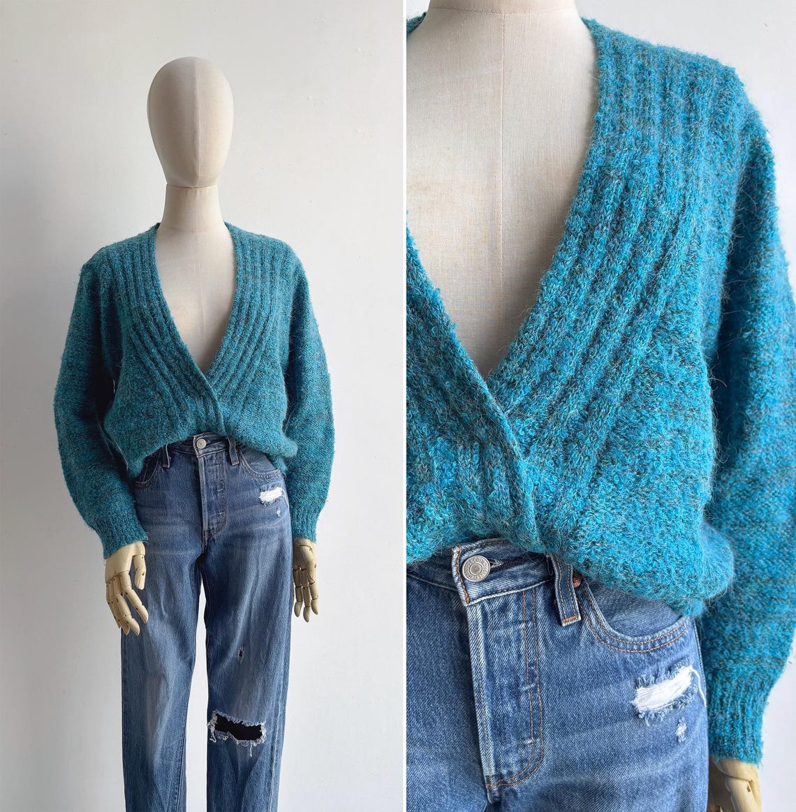 Vintage 80s Teal Blue Deep V-Neck Jumper XS S M, Retro Wool Blend Knit Sweater, foto 1 di 5
