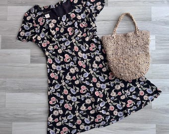 Vintage 90s Grunge Square Neck Pastel Floral Rose Print Rayon Sun Dress S-M, Retro Short Sleeved Empire Waist Dress