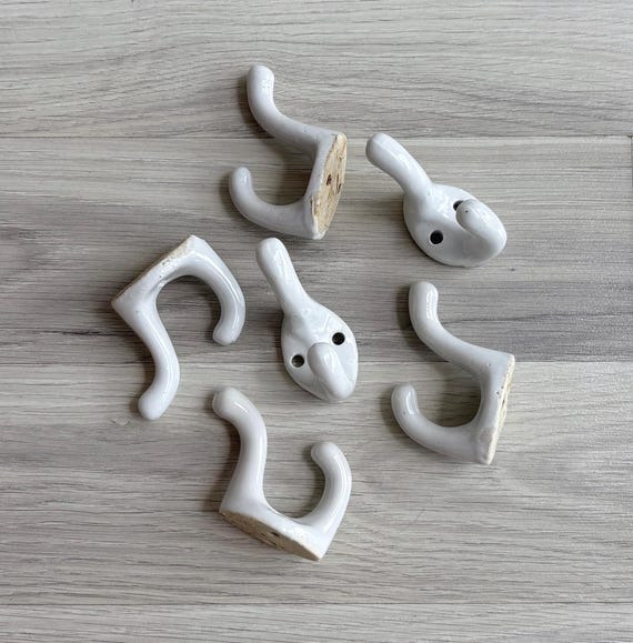 Vintage 50s White Porcelain Wall Hook - Retro Double Towel Hook