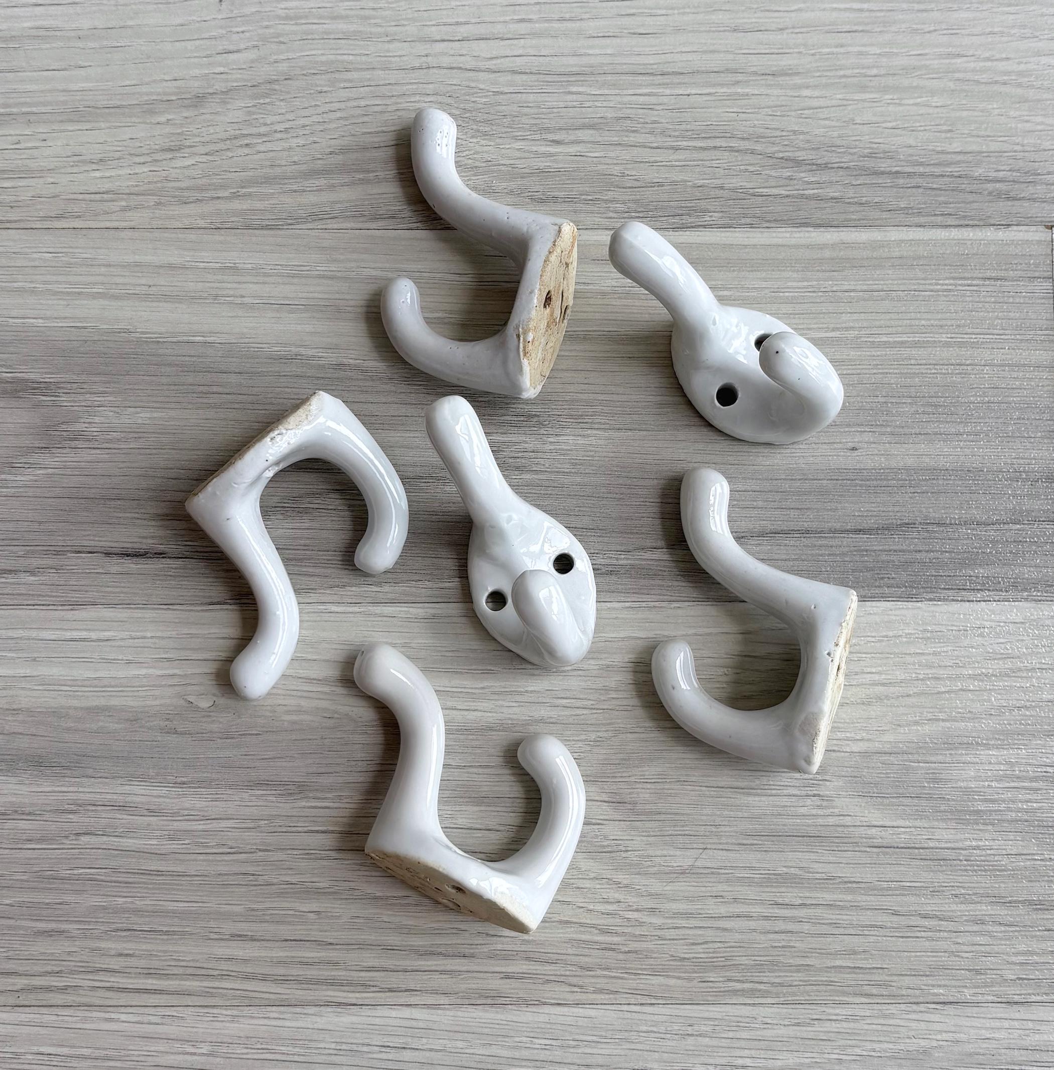 Vintage 50s White Porcelain Wall Hook - Retro Double Towel Hook