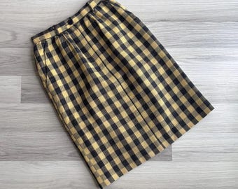 Vintage 80s Buffalo Plaid Black & Yellow Check Pencil Skirt XXS-XS, Retro High Waisted Wool Blend