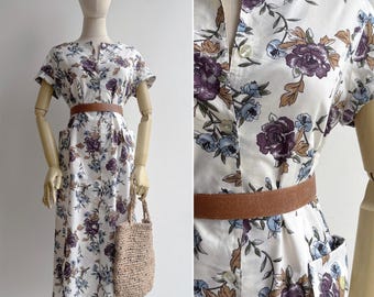 Vintage 90s Floral Print White Cotton Sun Dress S-M, Retro Feminine Button Front A-Line Midi with Flap Pockets