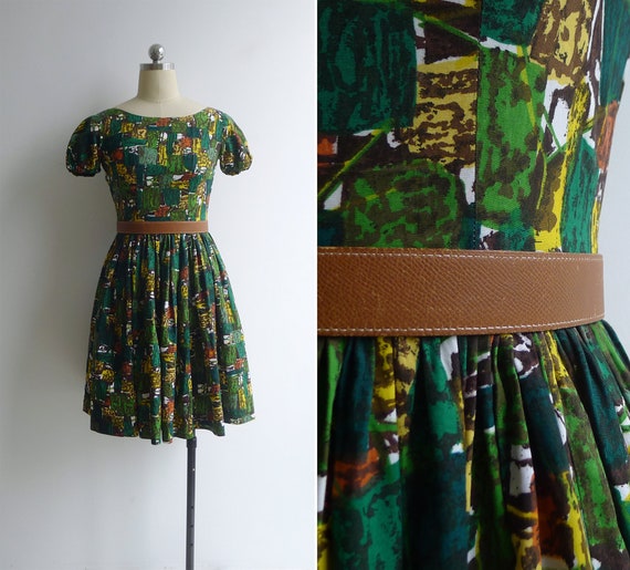 Vintage 50's Abstract Print Green Cotton Puff Slee