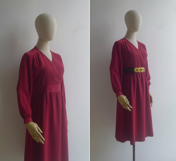 Vintage '80s Ruby Red V-Neck Midi Dress XS-S - image 3