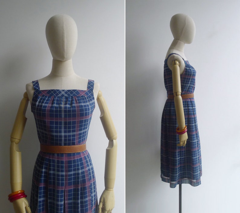 Robe midi à carreaux quadrillé bleu sarcelle et rose poudré vintage des années 80 P-M image 3