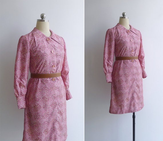 Vintage '70s Pink Abstract Diamond Print Mod Shif… - image 2