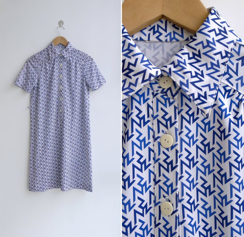 【Awake Mode】ストライプ カッとフロント L/S Tシャツ Vintage 1980s Blue & White Zig Zag Print Op Art Shirt Dress