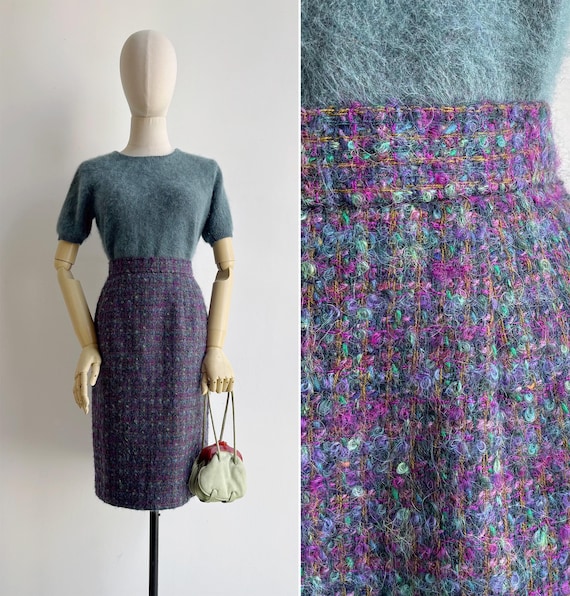 Cacharel, Vintage 80s CACHAREL Purple Tweed Pencil Skirt S, Retro High Waist Textured Fuzzy Skirt