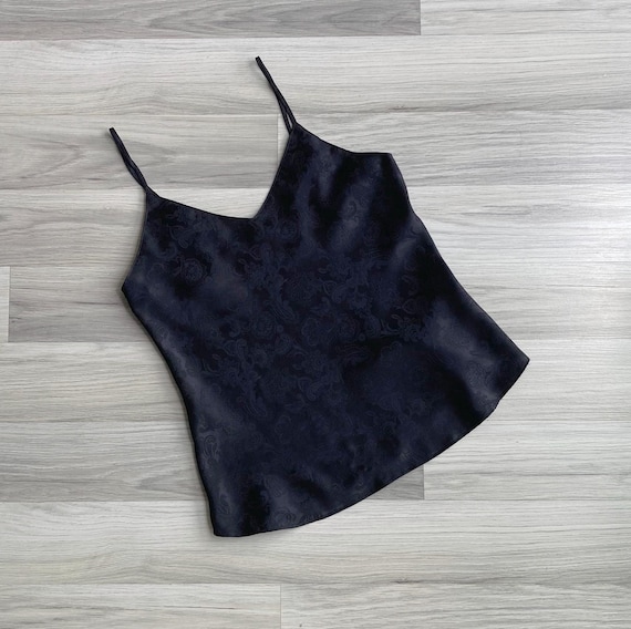 Vintage 90s Black Paisley Silky Camisole Tank XS-S, Embossed Textured V-Neck Spaghetti Strap Top