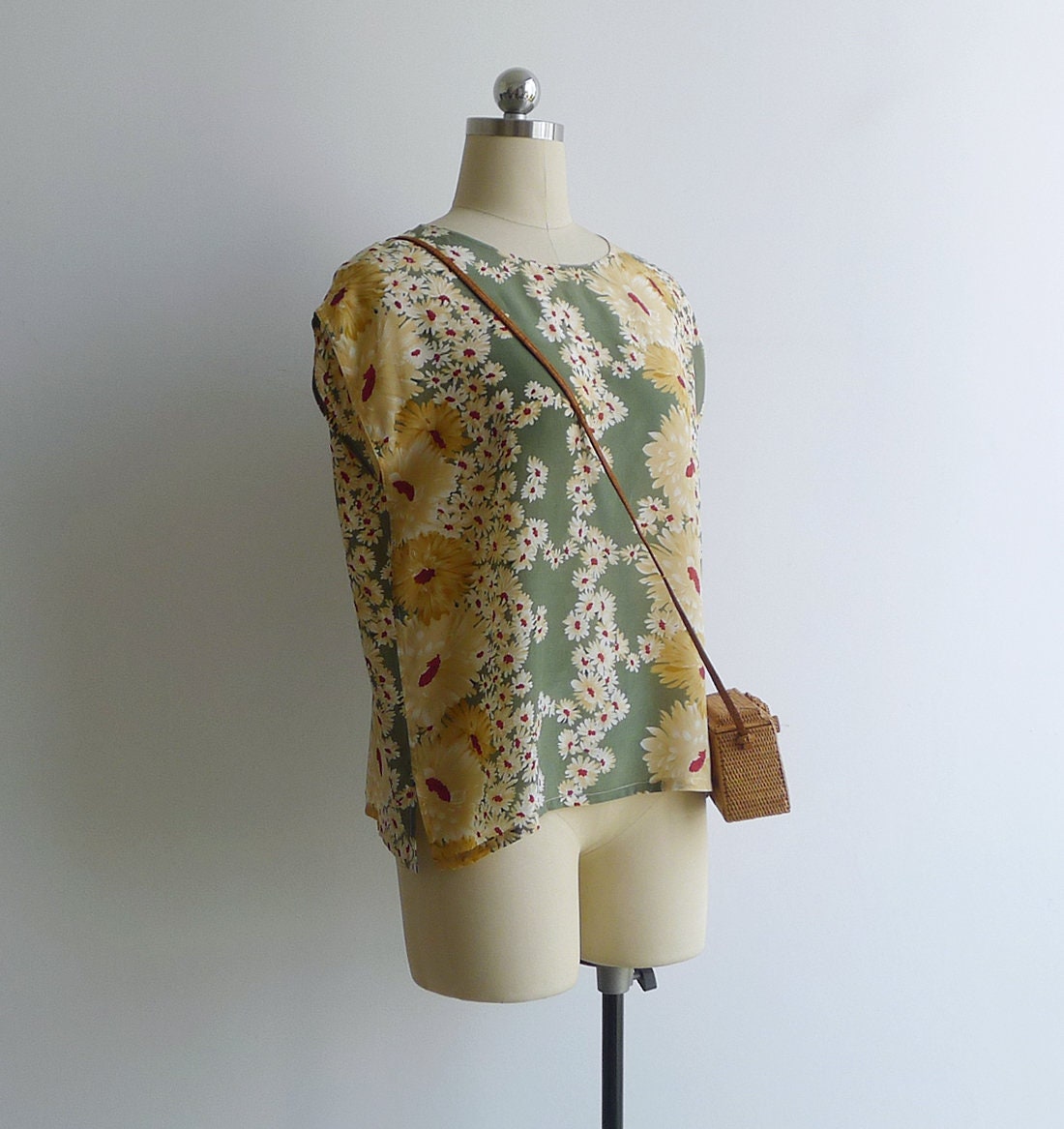 Vintage 80's Silk Daisy Fields Jade Green Blouse Top SM Etsy