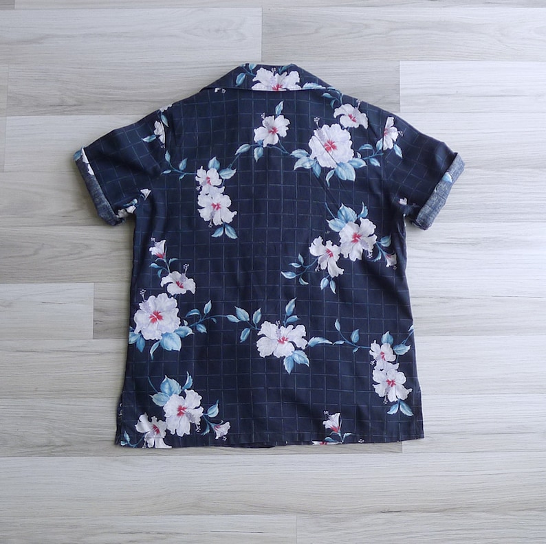 Vintage 80/'s Does 50/'s Hawaiian Hibiscus Navy Grid Shirt XS S M