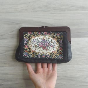 Vintage 70s Petit Point Floral Embroidered Framed Clutch Purse, Plastic Framed Hand Bag with Twist Clasp