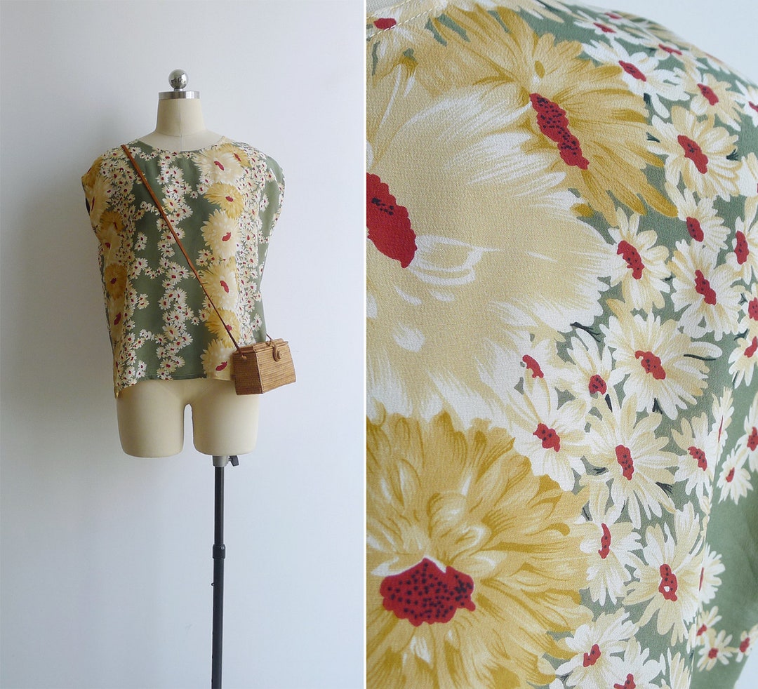 Vintage 80's Silk Daisy Fields Jade Green Blouse Top SM Etsy