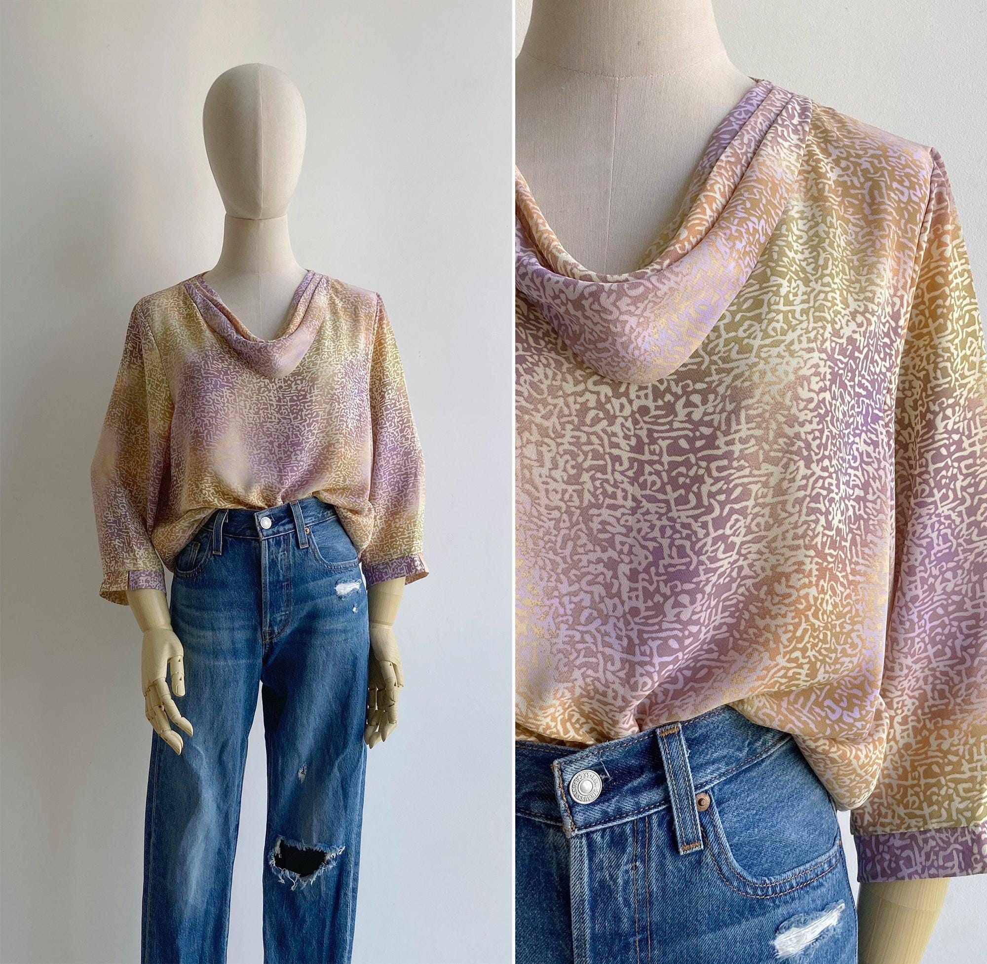 Vintage 1980s Cowl Neck Blouse in Pastel Pink & Yellow Gradient, Size S-M, Retro Abstract Print Top, Three-Quarter Sleeve Shirt