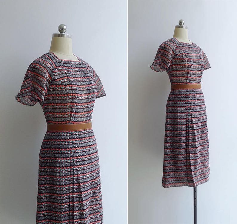 SALE Vintage '80s Floral Stripe Doily Print Square Neck Dress XS-S image 2