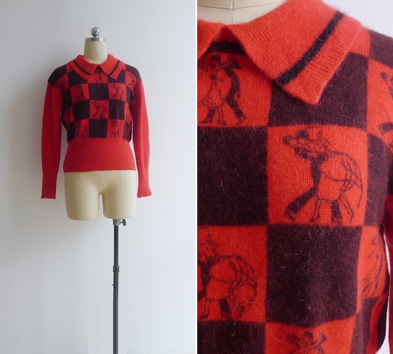 Vintage 80's Red Novelty Check Collared Knit Jumpe