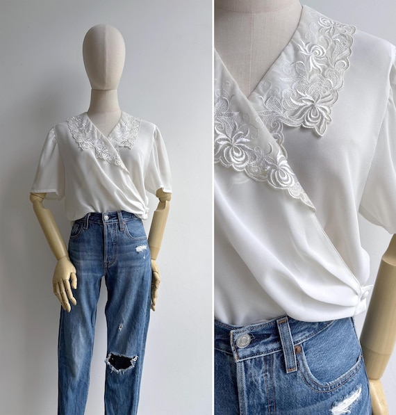 Vintage 80s White Sheer Lace Collar Wrap Blouse S-M, Retro Feminine Draped Short Sleeved Top