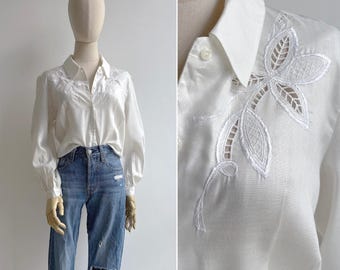 Vintage 80s White Floral Eyelet Embroidered Blouse S-M, Retro Collared Button Front Top with Long Sleeves