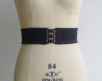 Vintage 80s Black Stretch Belt, Retro Elastic Waist Cincher with Plastic Buckle, One Size