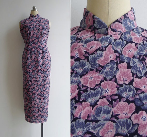 Vintage 70's Poppy Floral Pink & Purple Cheongsam