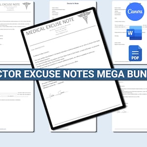 Pode incluir: Uma coleção de notas de desculpa médica, incluindo uma nota do médico e uma nota de desculpa médica, com ícones Canva, Word e PDF. As notas têm um símbolo médico e estão em papel branco. O texto "DOCTOR EXCUSE NOTES MEGA BUNDLE" é exibido.