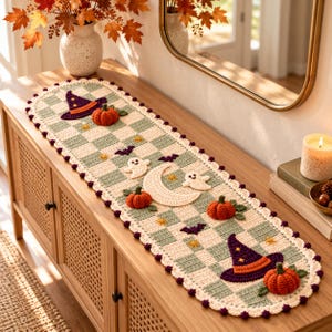 Peut inclure: Un chemin de table ovale en crochet avec un motif à carreaux vert sauge et crème, bordé de petits pompons violet foncé. Le chemin de table est orné d'appliqués représentant des citrouilles orange, des chapeaux de sorcière violets, des fantômes blancs et un croissant de lune.