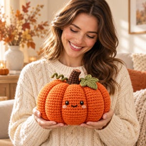 May include: A round, orange crocheted pumpkin with a dark brown stem, a green curly vine, and a single green leaf. The pumpkin features a stitched face with two black circular eyes, a small curved mouth, and two light pink circular cheeks.