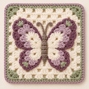 Puede incluir: Un cuadrado de ganchillo tipo granny square con un motivo central de mariposa. La mariposa tiene cuerpo y antenas marrones, con alas en tonos crema, morado claro y morado oscuro. El borde es crema con esquinas en verde salvia.