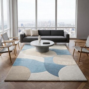 Modern Abstract Area Rug | Hand Tufted Wool Rug | Blue Beige Minimalist Carpet | Scandinavian Contemporary Rug | Living Room Home Decor, 5x8