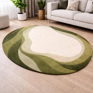 Hand Tufted Oval Rug Moss Green Wavy Area Rug Large Abstract Curved Carpet Modern 70s Retro Floor Decor Sage Green Rug for Living Room 9x12