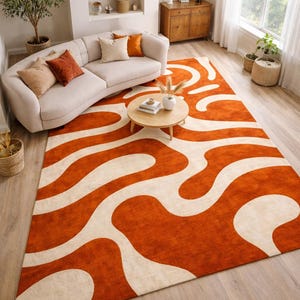 Top view of a Custom Size Carpet with a 70s groovy aesthetic, perfectly complementing wooden floors and minimalist furniture in a cozy living room