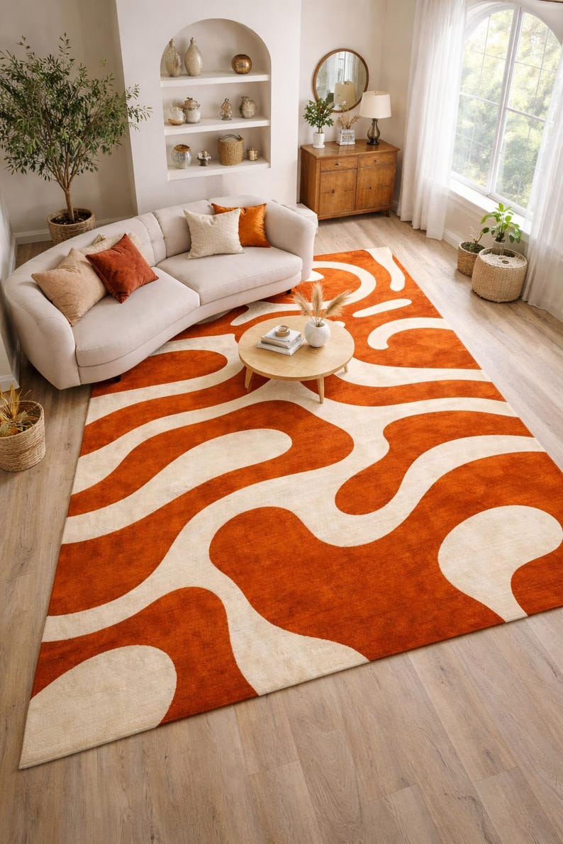 Top view of a Custom Size Carpet with a 70s groovy aesthetic, perfectly complementing wooden floors and minimalist furniture in a cozy living room