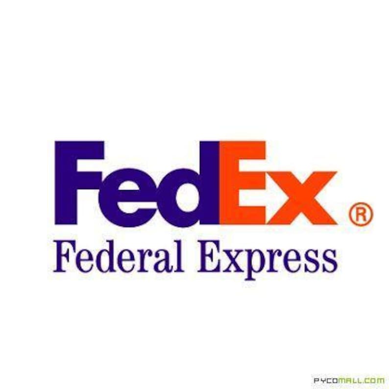 May include: The FedEx logo features the word "FedEx" in a bold, sans-serif font. The "Fed" is in a deep purple, while the "Ex" is in bright orange. Below, the words "Federal Express" are in a smaller, dark purple font.