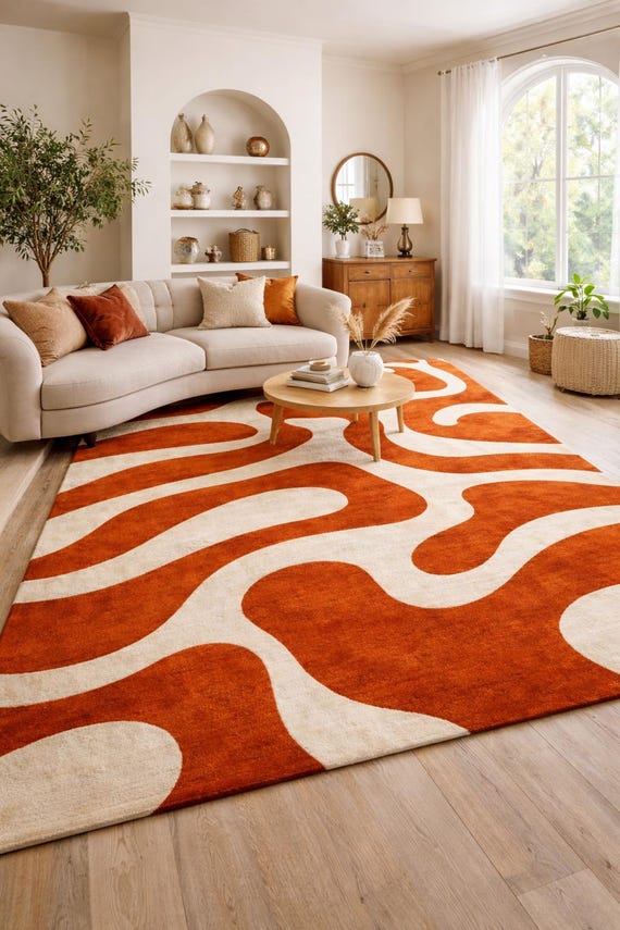 Large Burnt Orange Rug for Living Room, Retro 70s Wavy Abstract Area Rug, Mid Century Modern Decor,Hand Tufted Wool Rug, Custom Size rug,6x9