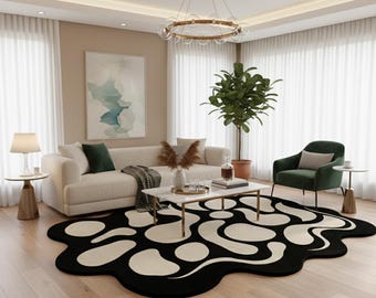 Irregular Shaped Area Rug for Living Room, Hand Tufted Black and White Wave Rug, Large Organic Shape Rug, Modern Abstract Wool Carpet, 5x8,