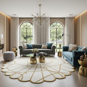 Round Scalloped Area Rug,Modern Gold & White Circular Carpet for Living Room,Large Sunburst Geometric Floor,Tufted Wool Nursery Rug, 5x8,6x9
