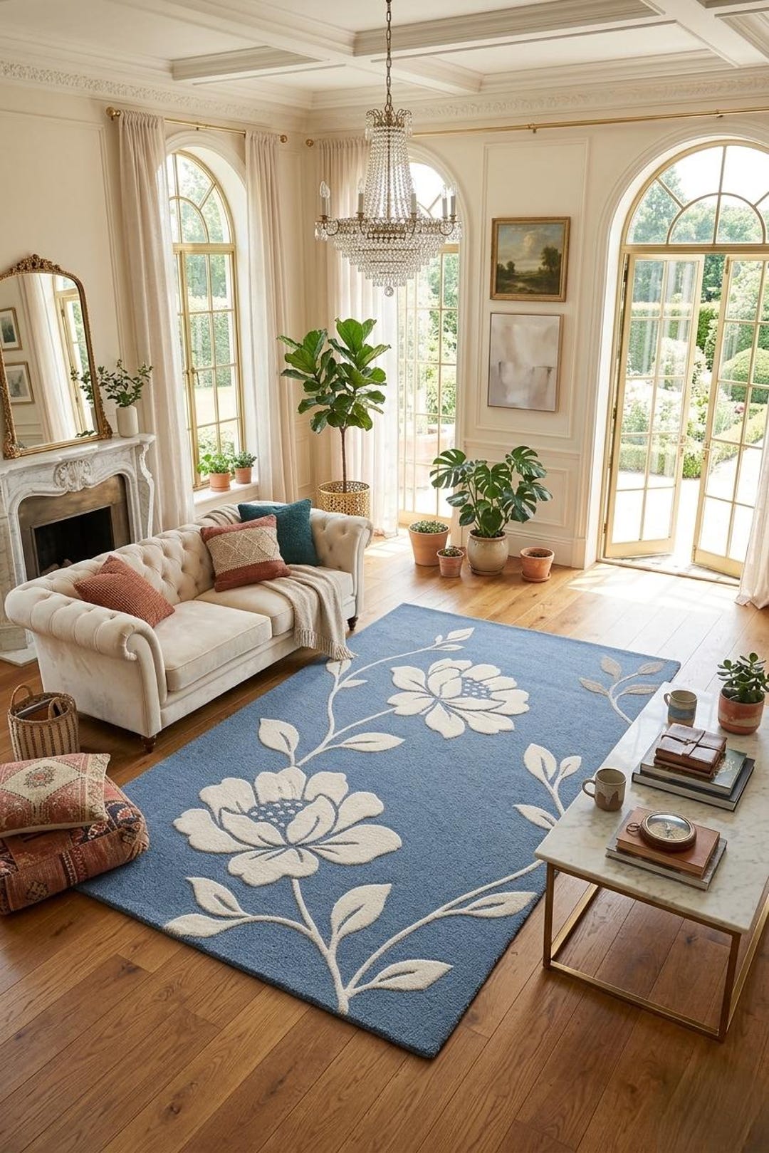 Large Blue Floral Rug, Modern Hand Tufted Area Rug for Living Room ...