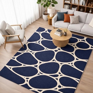 Modern Navy Blue Area Rug Organic Abstract Pattern Rug Living Room Decor Large Boho Rug Hand Tufted Wool Rug Bedroom Rug Navy Cream Rug, 5x8