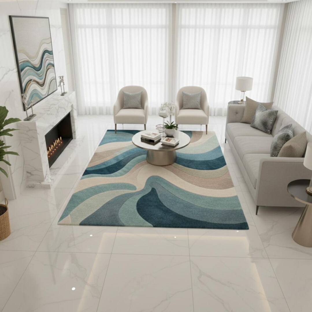 Blue Abstract Wave Area Rug - Modern Hand-tufted Teal and Beige Carpet ...