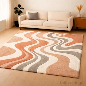 Wavy Abstract Tufted Rug, Modern Terracotta Area Rug for Living Room, Large Hand Tufted Wool Carpet, Burnt Orange Grey Beige Mid Century Rug