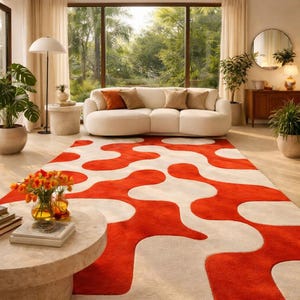 Orange Wool Rug Hand Tufted Large Area Rug Mid Century Modern Cream Abstract Wavy Soft Plush Rug Custom Living Room Rug