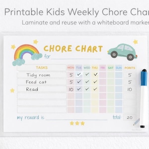 May include: Printable kids' weekly chore chart with a rainbow, car, and stars. The chart includes tasks, days of the week, and a points system. A blue and white marker is included. The text reads "Laminate and reuse with a whiteboard marker."