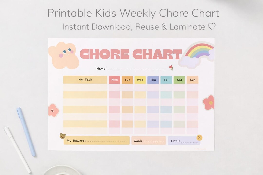 Kids Weekly Chore Chart Printable | Reward & Goal Chart | Pastel ...