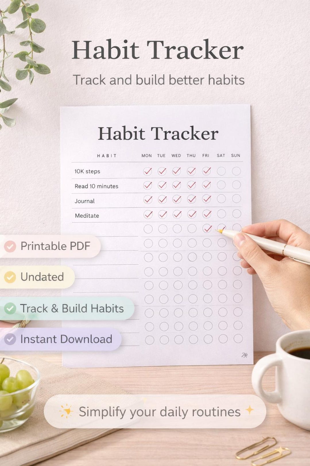 Weekly Habit Tracker Printable | Minimalist Wellness Planner (instant ...